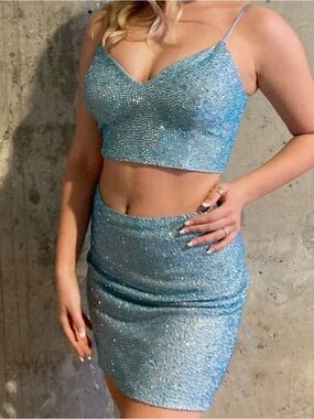 Sparkling Light Blue Two-Piece Crop Top & Mini Skirt Set (Homecoming)